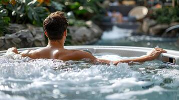 ai généré homme relaxant dans chaud baignoire entouré par luxuriant verdure, loisir et confort concept photo