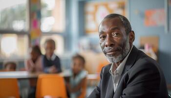 ai généré personnes âgées africain américain Masculin prof avec élèves dans Contexte salle de cours photo