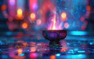 ai généré une allumé Indien encens lampe est séance sur une table avec bokeh photo