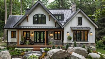 ai généré blanc maison entouré par rochers et des arbres photo