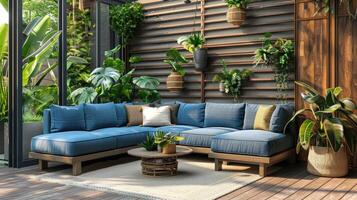 ai généré une en coupe canapé avec bleu amorti coussins, jardinières, et une mur avec les plantes photo