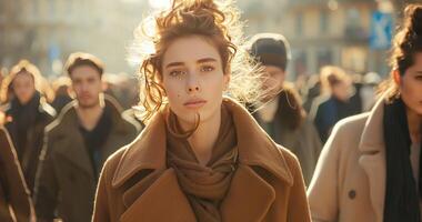 ai généré une femme dans marron manteau dans une foule photo