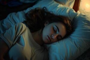 ai généré femme sommeil dans lit à nuit photo