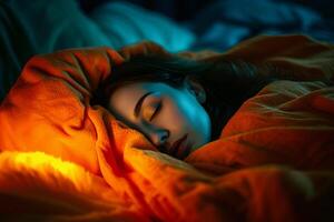 ai généré femme sommeil dans lit à nuit photo