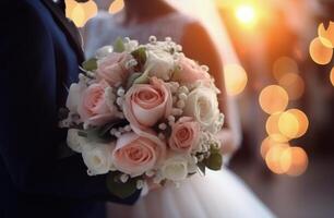 ai généré couple avec une mariage bouquet dans de face de lumières photo