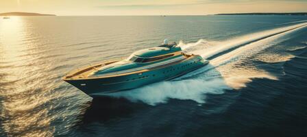 ai généré une magnifique moteur bateau en voyageant le long de dans le mer photo