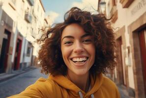 ai généré femme souriant et prise selfie photo