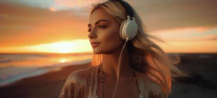 ai généré femme en portant écouteurs à le coucher du soleil par le plage photo