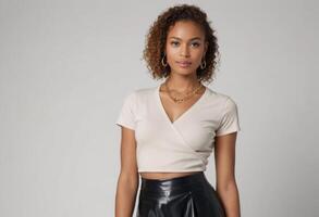 ai généré une Jeune adulte femme des stands en toute confiance, habillé dans une col en v blanc chemise et noir cuir pantalon. elle a frisé cheveux et porte minimal se maquiller. photo