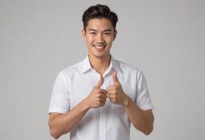 ai généré une sur de soi asiatique homme dans une blanc chemise donne deux les pouces en haut, avec une charmant sourire et une gris Contexte. photo