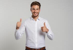 ai généré une radieux homme dans une blanc boutonner chemise spectacles une les pouces en haut, le sien de bonne humeur comportement renforcée par le formel tenue. photo