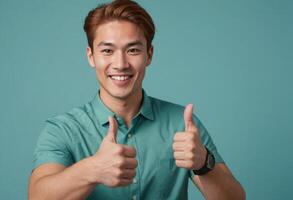 ai généré une joyeux homme avec une amical sourire et les pouces en haut gestes, portant une décontractée chemise dans une ombre de sarcelle correspondant à le Contexte. photo