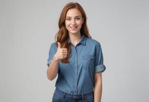 ai généré une femme dans une denim chemise donne une les pouces en haut, sa chaud sourire et sur de soi posture communique une positif message. photo