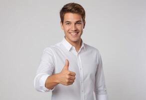 ai généré une homme dans une intelligent blanc chemise donnant une les pouces en haut, avec une sur de soi sourire et une professionnel regarder. photo