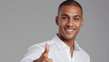 ai généré une sur de soi Jeune homme dans une blanc chemise donnant une les pouces en haut avec une charmant sourire sur une gris toile de fond. photo