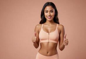 ai généré une souriant femme dans une pêche des sports soutien-gorge donne une les pouces en haut, signalisation approbation et confiance contre une doux pêche toile de fond. photo