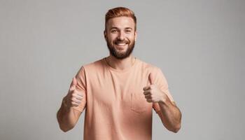 ai généré une barbu homme dans une décontractée pêche T-shirt donne deux les pouces en haut, souriant en toute confiance. studio coup contre une lumière gris Contexte. photo