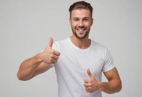 ai généré une barbu homme dans une blanc T-shirt donne deux les pouces en haut avec une sur de soi sourire et direct œil contact. photo