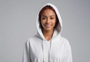 ai généré une serein Jeune noir femme avec rouge cheveux portant une blanc sweatshirt à capuche, souriant doucement à le caméra. photo