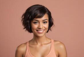 ai généré une femme avec court cheveux et une radiant sourire portant une réservoir Haut. sa Regardez est joyeux et décontractée avec une toucher de jeune énergie. photo