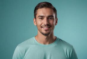 ai généré une homme dans une menthe vert T-shirt sourit subtilement, le sien confiance évident contre le sarcelle toile de fond. photo