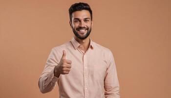 ai généré une de bonne humeur barbu homme dans une pêche chemise montrant une les pouces en haut. le sien sourire est plein de confiance. photo