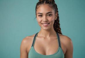 ai généré une en forme femme dans Gym tenue prêt pour une entraînement. sa sur de soi position et sourire réfléchir une engagement à santé et aptitude. photo