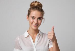 ai généré une content Jeune femme donnant une les pouces en haut. sa décontractée chemise et updo coiffure réfléchir une détendu, positif attitude. photo