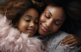 ai généré magnifique photo de une noir mère et fille relaxant ensemble dans proche proximité