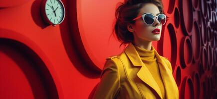 ai généré femme en marchant dans de face de l'horloge tandis que portant des lunettes de soleil photo