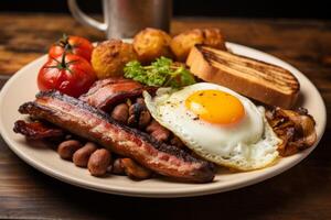 ai généré Anglais petit déjeuner sur une plaque, mise en évidence le d'or Jaune d'œuf de le frit œuf, croustillant Bacon photo