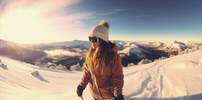 ai généré femme planche a neige en plein air dans magnifique Montagne scène photo