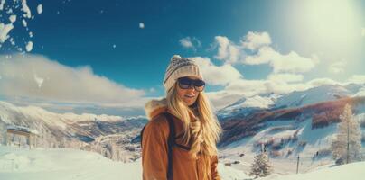 ai généré femme planche a neige en plein air dans magnifique Montagne scène photo