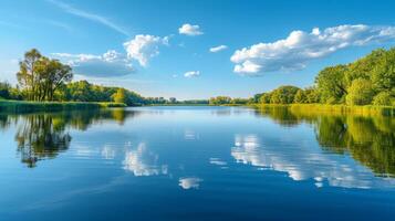 ai généré une minimaliste composition de une tranquille lac, avec calme des eaux reflétant le alentours des arbres photo