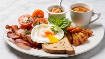 ai généré Anglais petit-déjeuner, avec soigneusement arrangé Ingrédients sur une blanc assiette photo