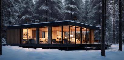 ai généré une en bois cabine sur le neige couvert les bois photo