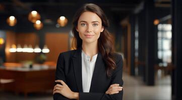 ai généré Jeune jolie femme d'affaires portant noir veste, souriant tandis que en portant bras plié photo