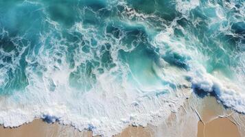 ai généré aérien panoramique océan vagues frappe plage photo