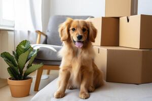 ai généré une chien séance dans de face de en mouvement des boites dans moderne appartement photo