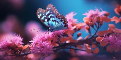 ai généré une papillon est sur certains rose fleurs photo