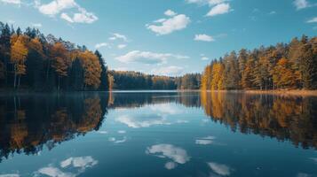 ai généré une minimaliste composition de une tranquille lac, avec calme des eaux reflétant le alentours des arbres photo