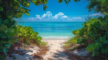 ai généré sablonneux chemin de premier plan à le plage, avec luxuriant verdure sur Soit côté et une clair bleu ciel au dessus photo