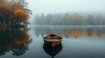 ai généré tranquille lac, avec clair l'eau reflétant le alentours des arbres et une Célibataire bateau flottant photo