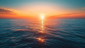 ai généré le coucher du soleil sur le horizon, avec le Soleil moulage une chaud lueur plus de le ciel et le mer photo