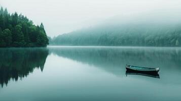 ai généré tranquille lac, avec clair l'eau reflétant le alentours des arbres et une Célibataire bateau flottant photo