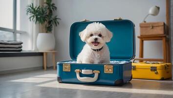 ai généré mignonne chien avec une valise dans le appartement photo