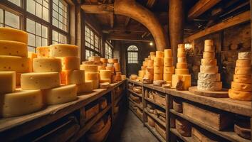ai généré magnifique ancien fromage usine photo