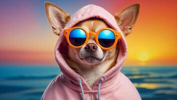 ai généré à la mode chien avec des lunettes de soleil et sweat à capuche photo