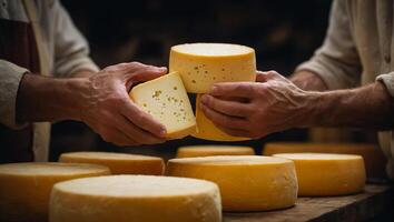 ai généré homme mains avec fromage photo