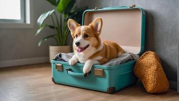 ai généré mignonne chien avec une valise dans le appartement photo
